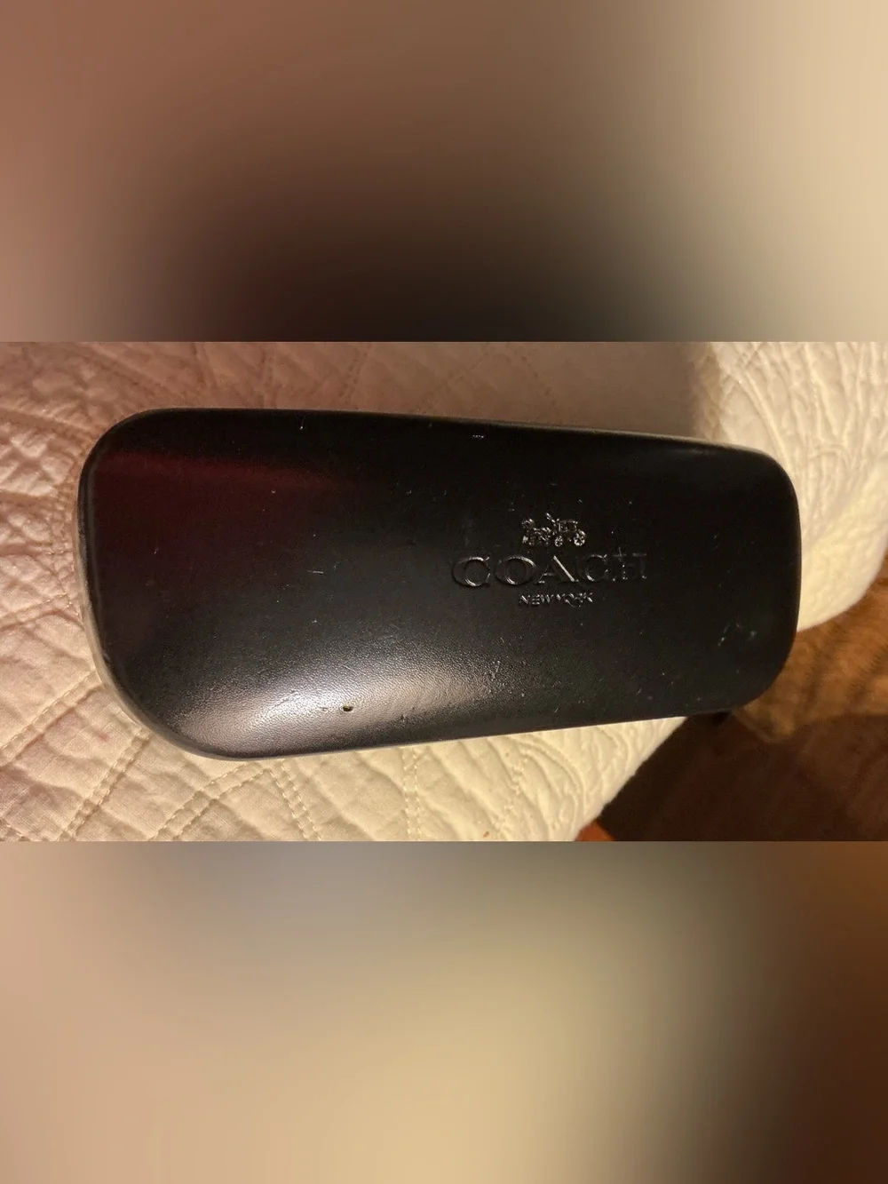 Coach Black Eyewear Clamshell Case. Leather embossed w/a Horse & Carriage COACH